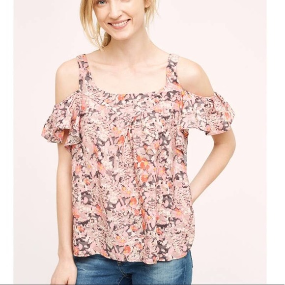 Anthropologie Maeve Hana Pink Floral Cold Shoulder Blouse Women's Size Small S - Picture 10 of 11